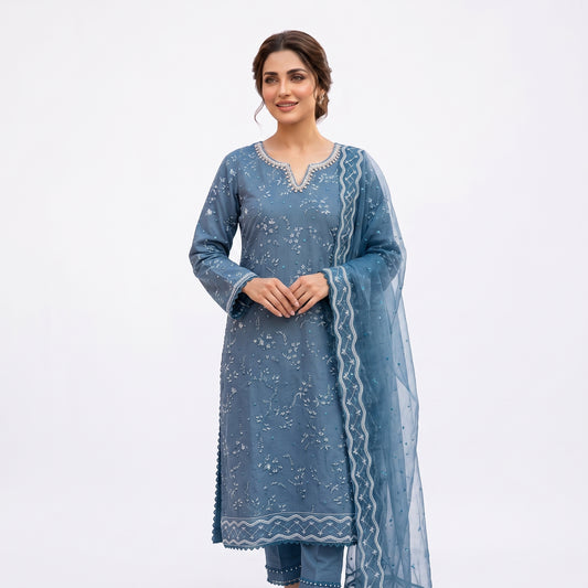 Slate Blue Embroidered Chiffon 3-Piece Stiched  Suit (Azure Elegance) 1001