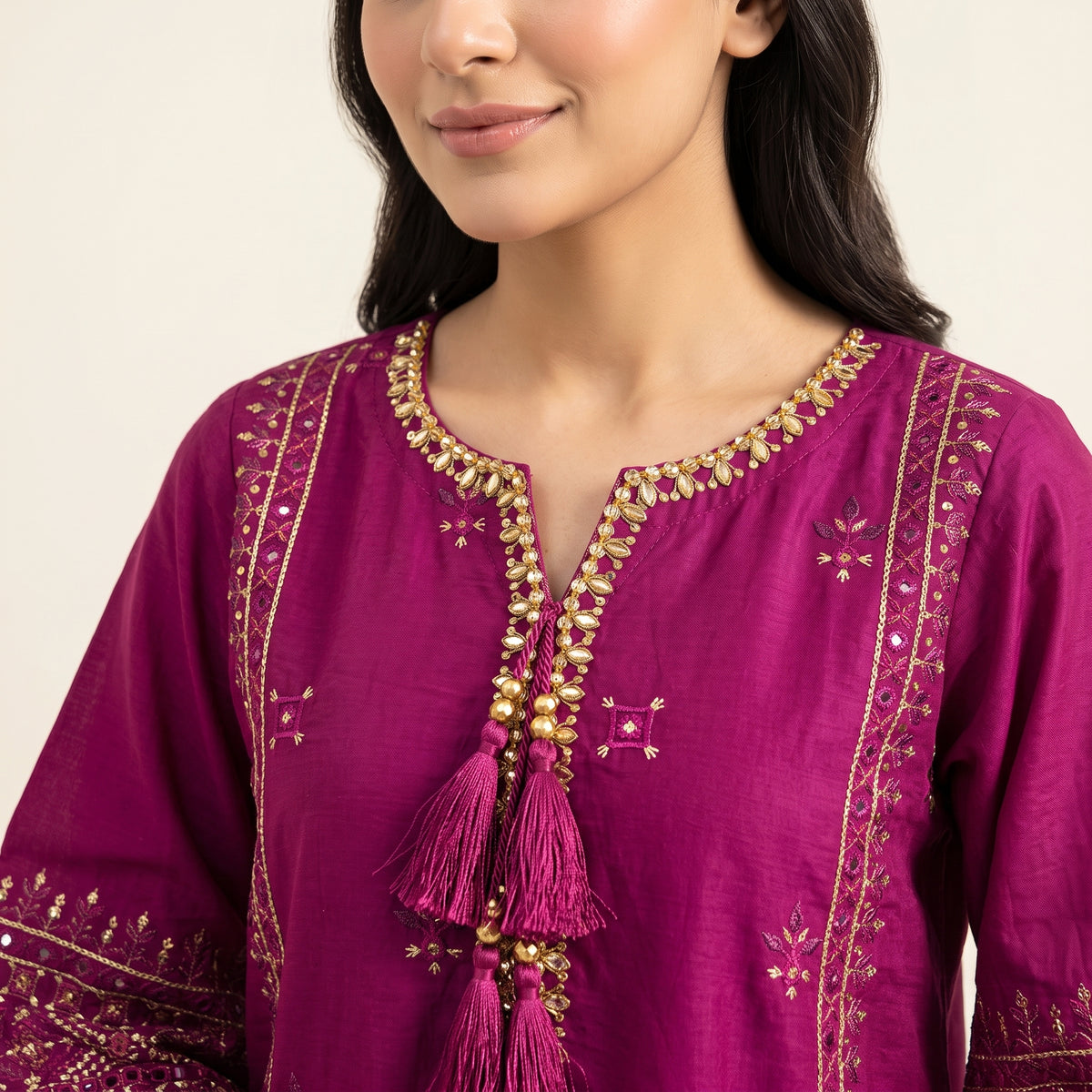 Magenta Wine Embroidered Stitched 3-Piece Slub Cotton Suit | Zeb-e-Kainat