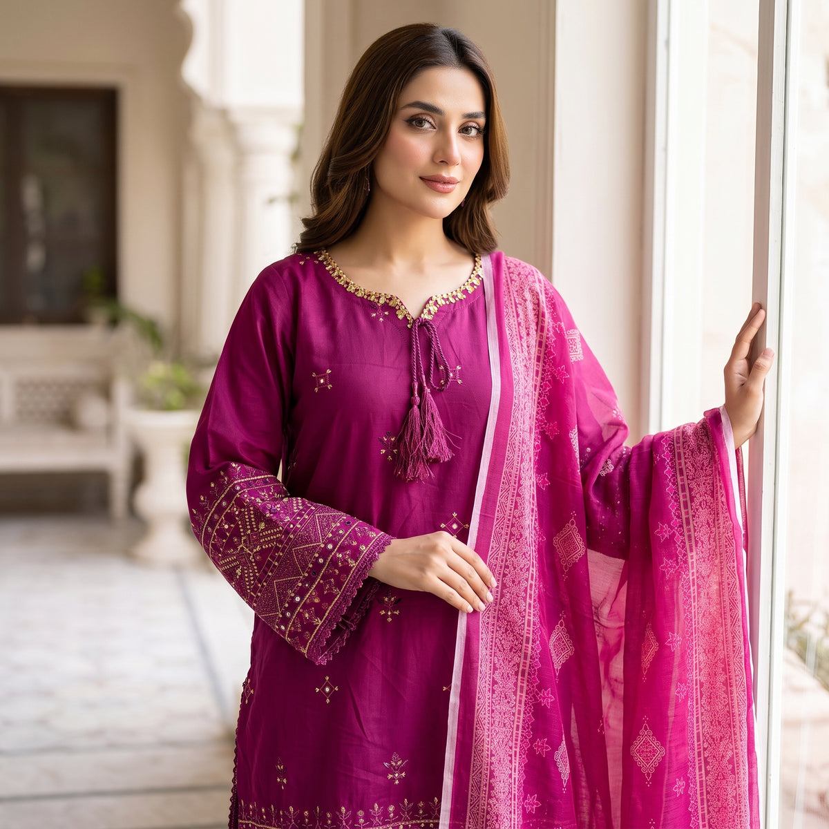 Magenta Wine Embroidered Stitched 3-Piece Slub Cotton Suit | Zeb-e-Kainat
