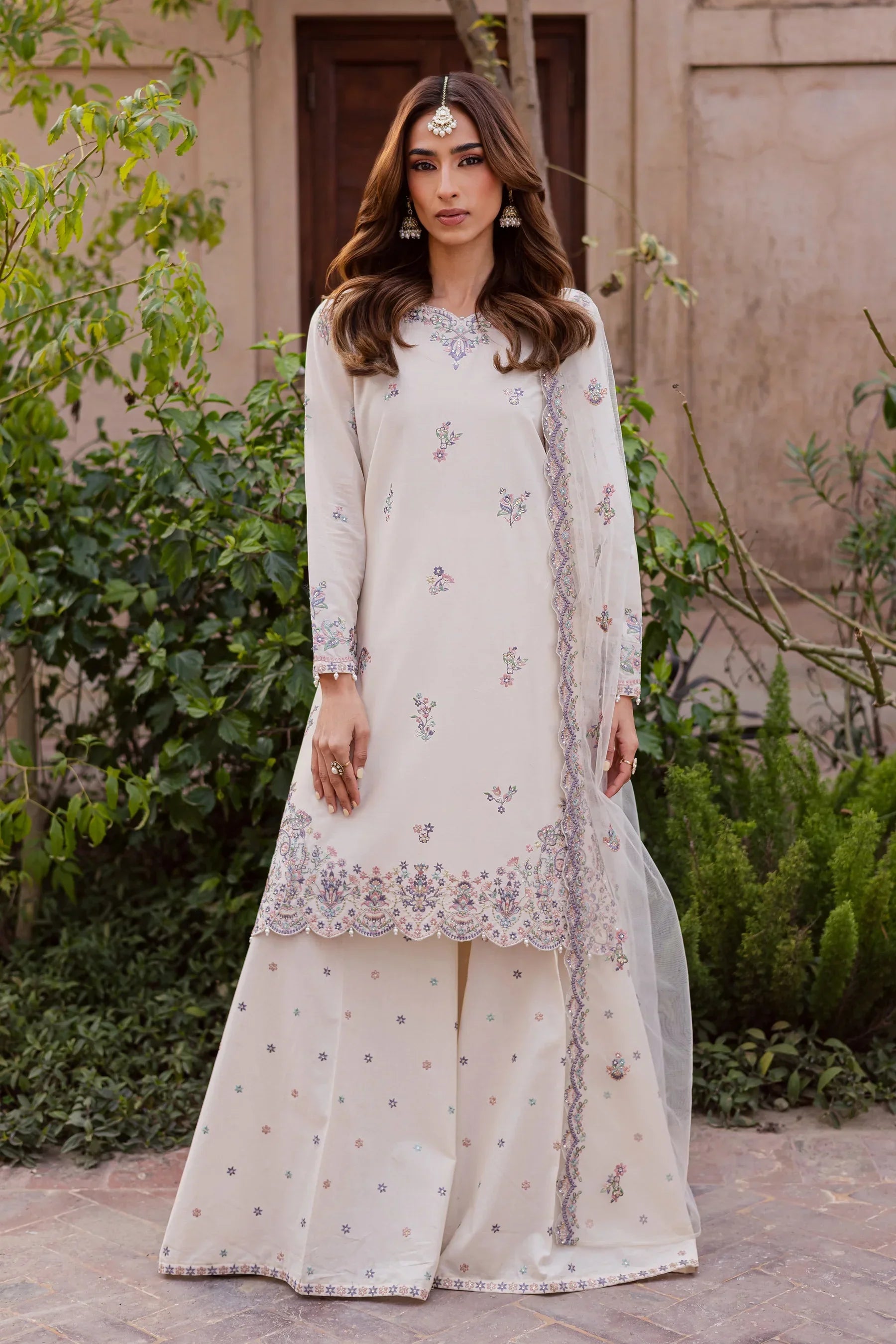 Pakistani formal wear embroidered lawn festive suit for women, cream three piece designer dress