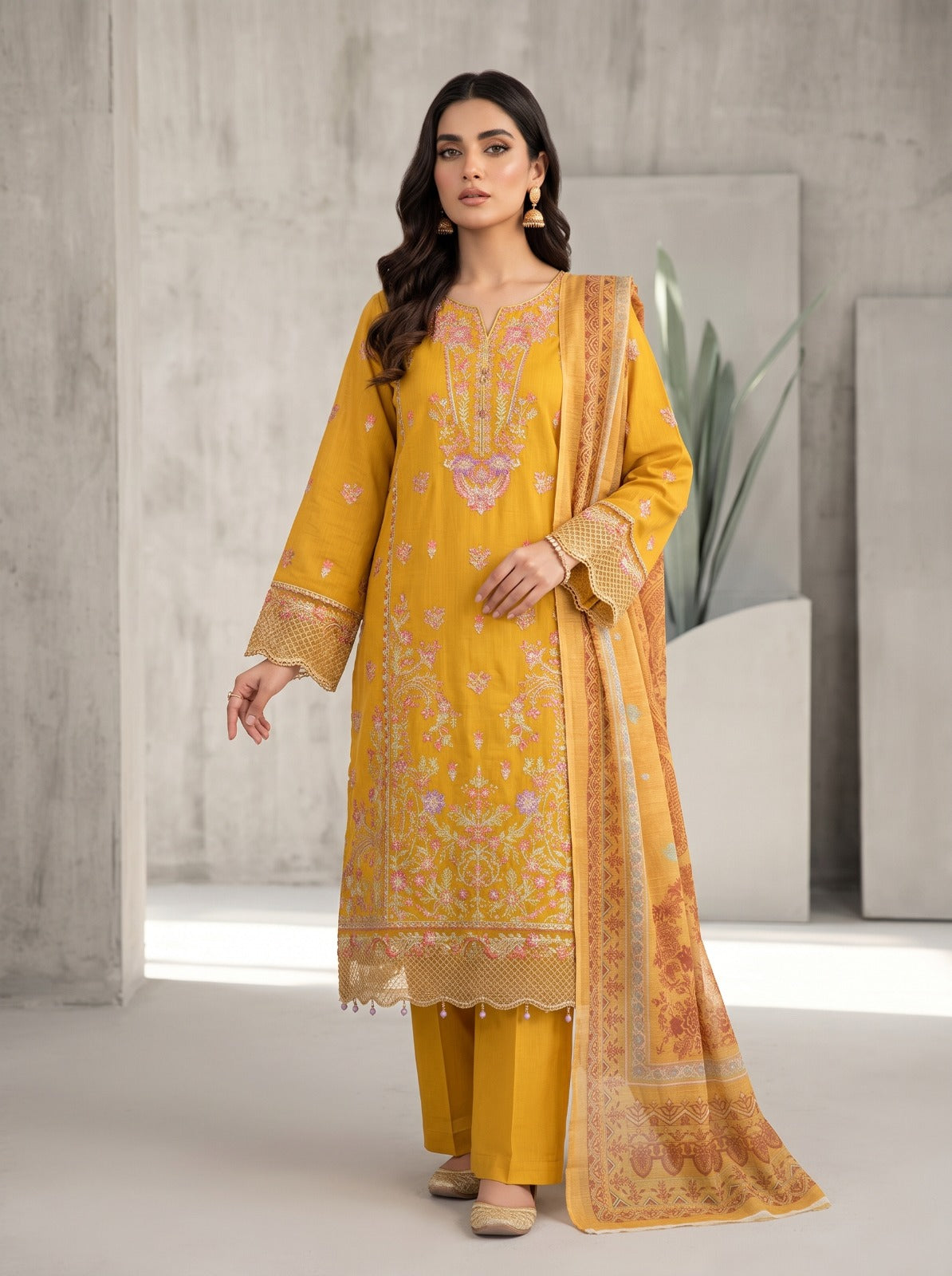 Mustard Yellow Embroidered 3-Piece Stitched Suit (Saffron Bloom) 1002