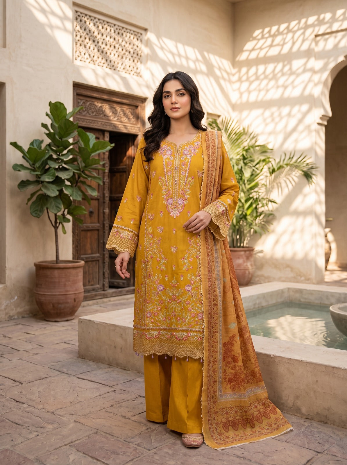 Mustard Yellow Embroidered 3-Piece Stitched Suit (Saffron Bloom) 1002