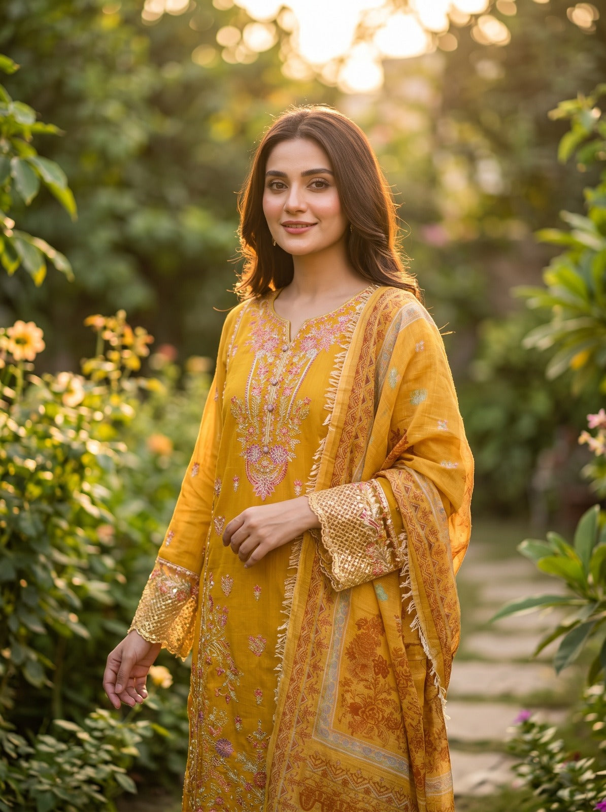Mustard Yellow Embroidered 3-Piece Stitched Suit (Saffron Bloom) 1002