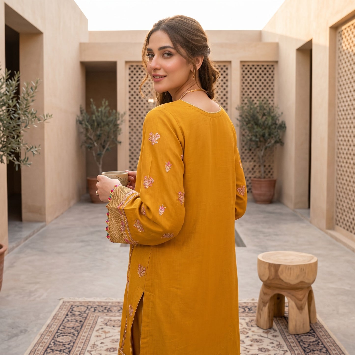 Mustard Yellow Embroidered 3-Piece Stitched Suit (Saffron Bloom) 1002