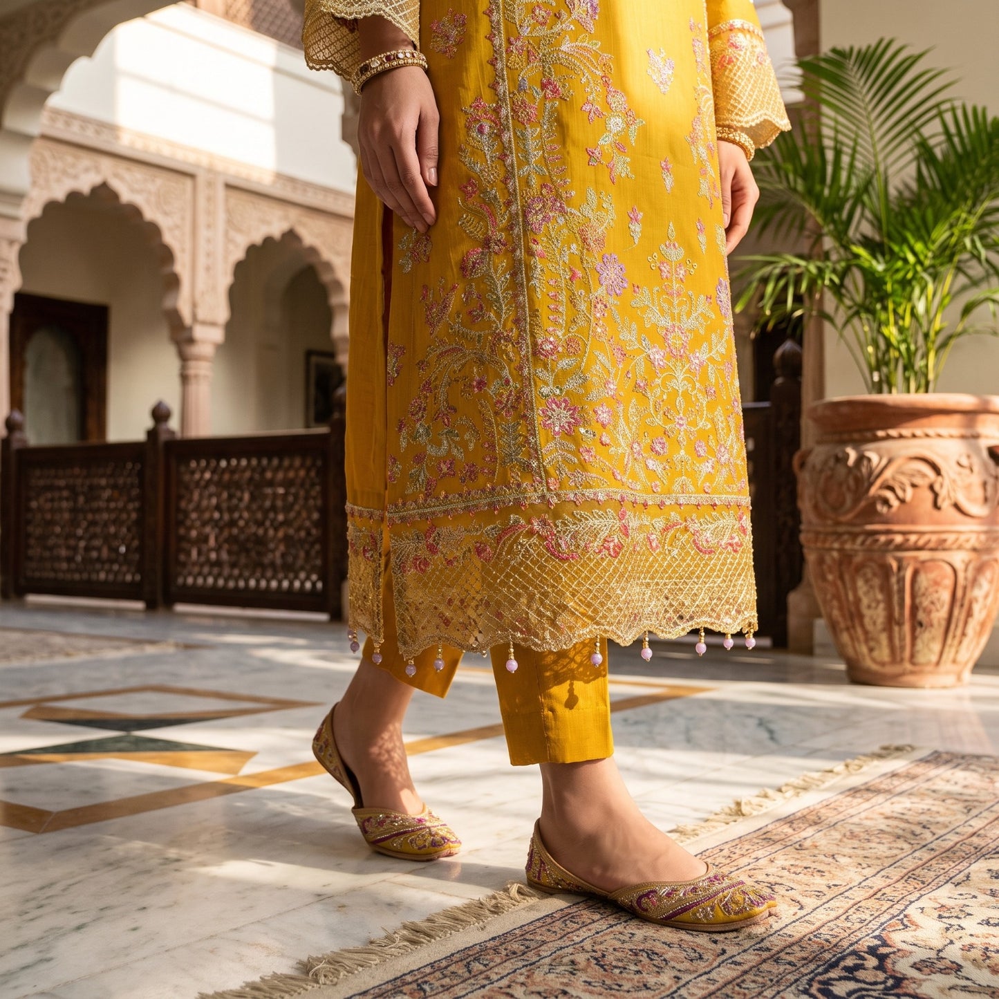 Mustard Yellow Embroidered 3-Piece Stitched Suit (Saffron Bloom) 1002