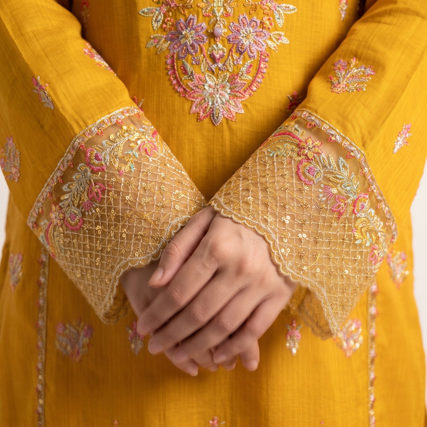 Mustard Yellow Embroidered 3-Piece Stitched Suit (Saffron Bloom) 1002
