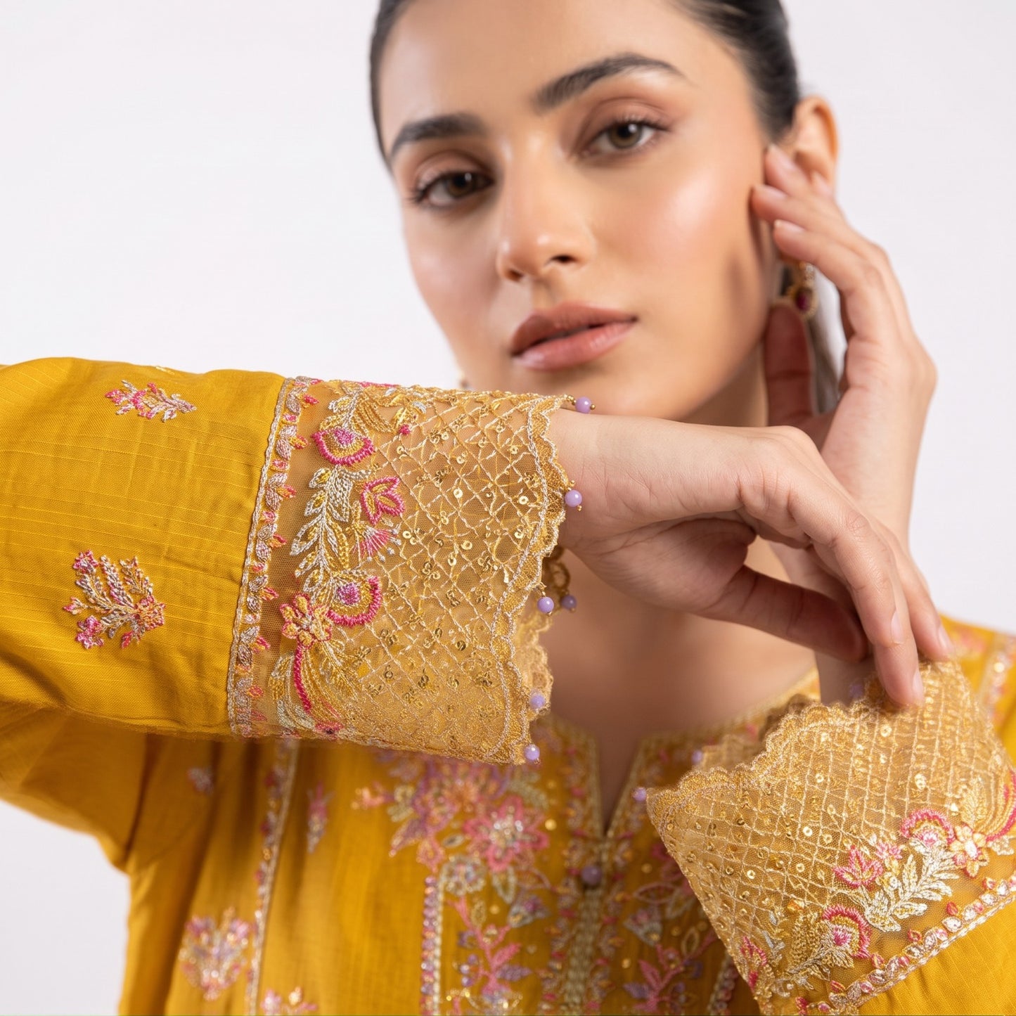 Mustard Yellow Embroidered 3-Piece Stitched Suit (Saffron Bloom) 1002