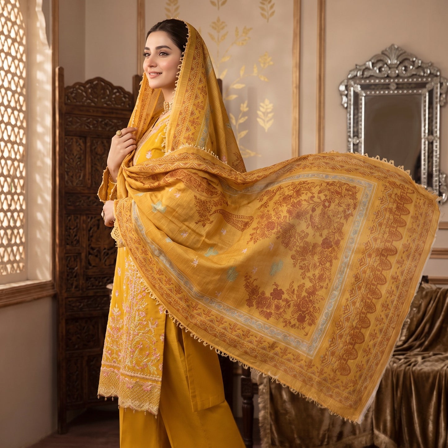 Mustard Yellow Embroidered 3-Piece Stitched Suit (Saffron Bloom) 1002
