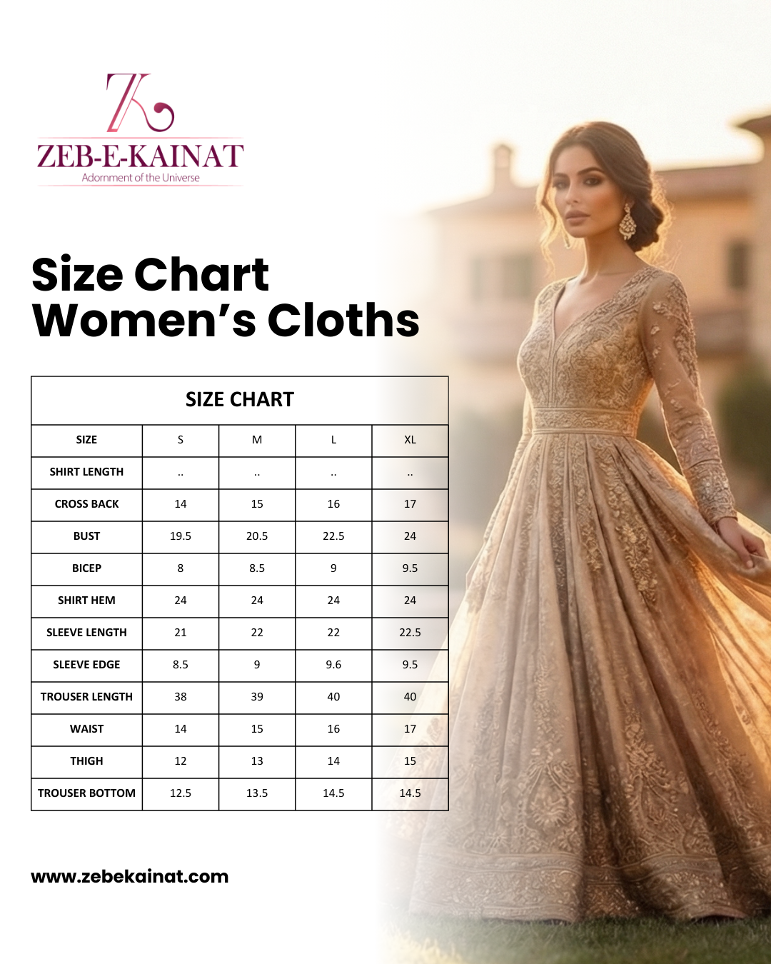 Zeb-E-Kainat women's size guide table for shirts and trousers, featuring measurements for sizes S to XL.