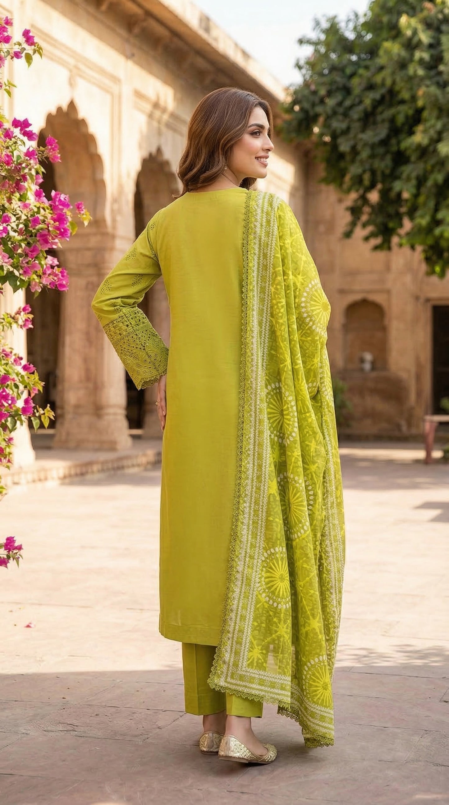 Woman in a green traditional outfit standing outdoors with floral decorations.