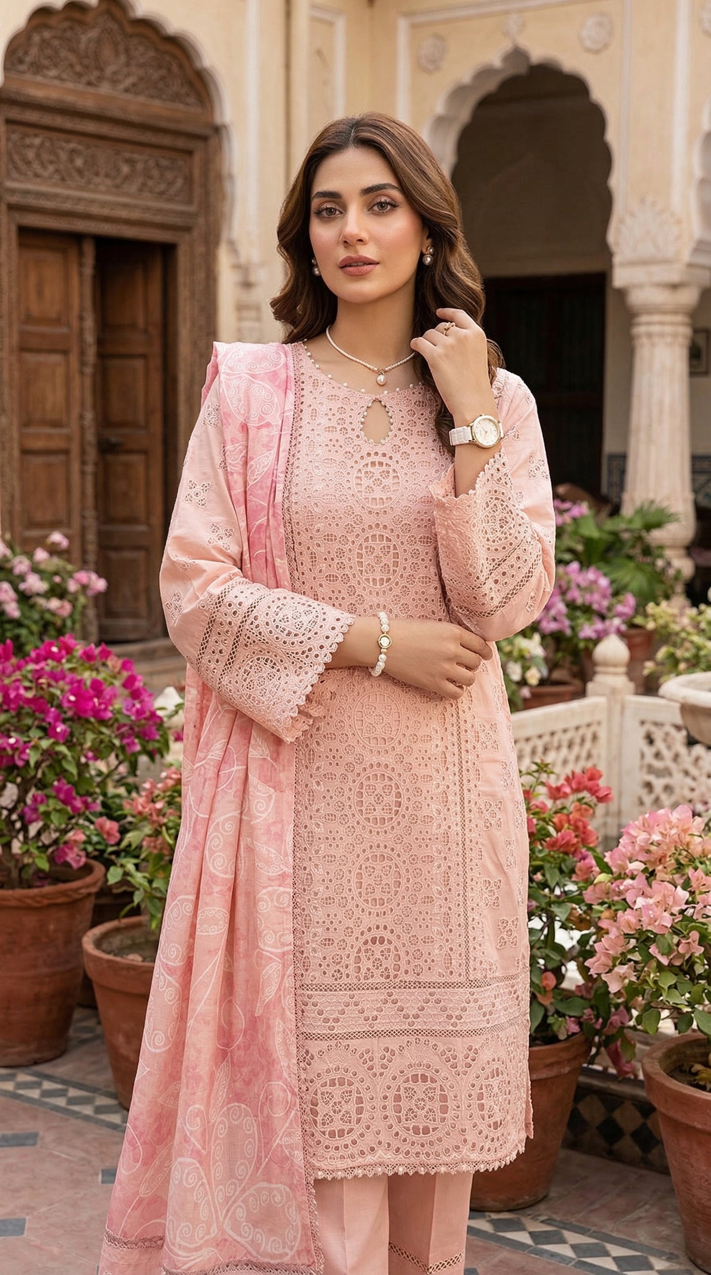 Woman in a pink traditional outfit standing in a decorative outdoor setting with flowers and architecture.