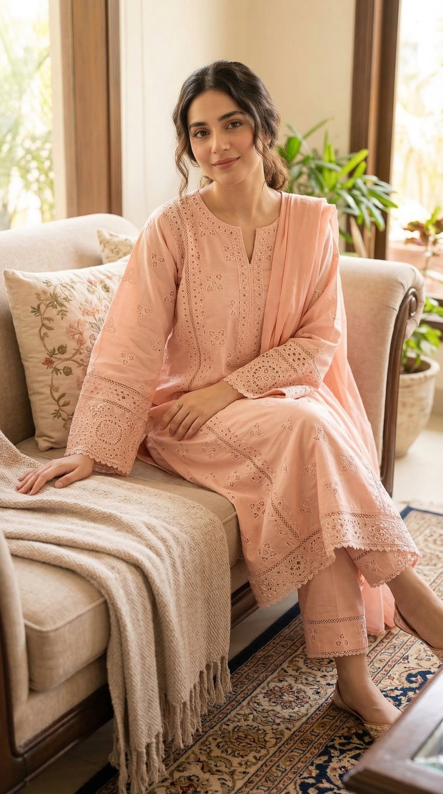 Woman in a pink traditional outfit sitting on a couch with a blurred background