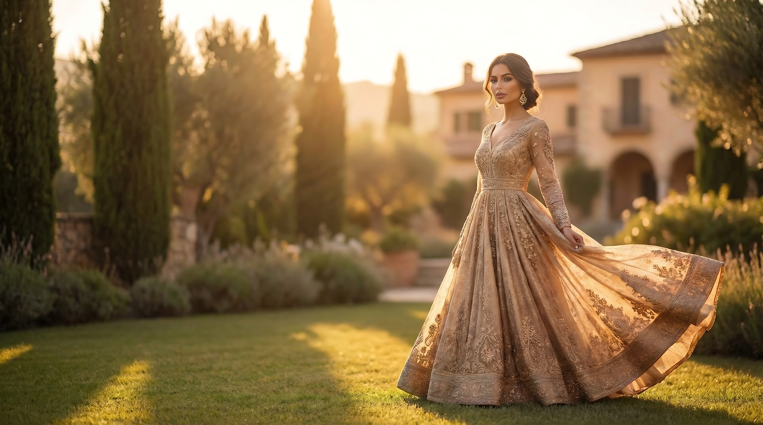Woman in a elegant dress standing in a garden with sunset lighting
