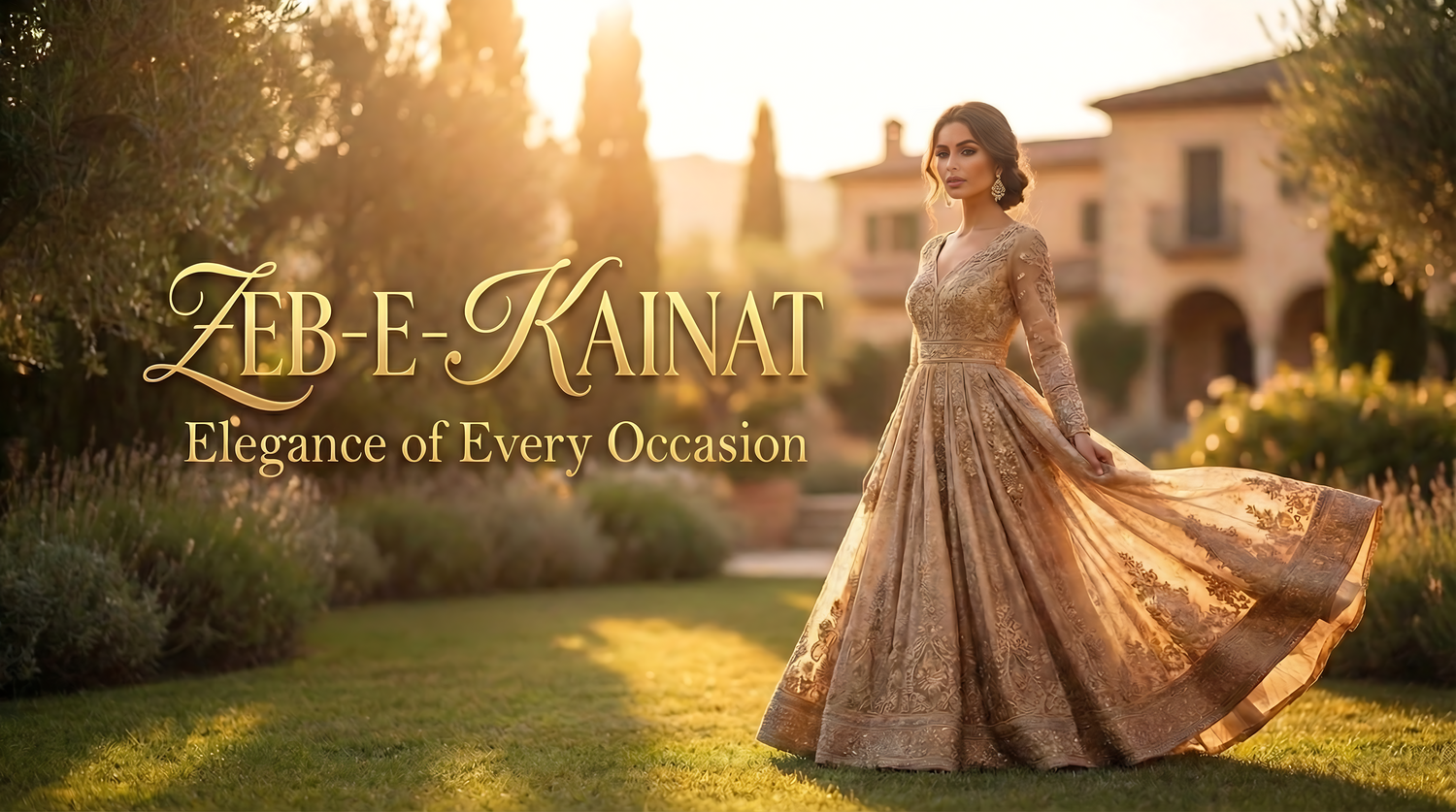 Woman in an elegant dress with 'Zeb-E-Kainat' branding in a garden setting.
