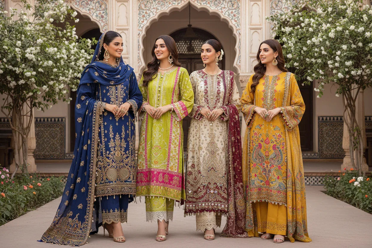 Women in vibrant Pakistani formal wear and embroidered lawn suits, perfect for festive wear Pakistan.